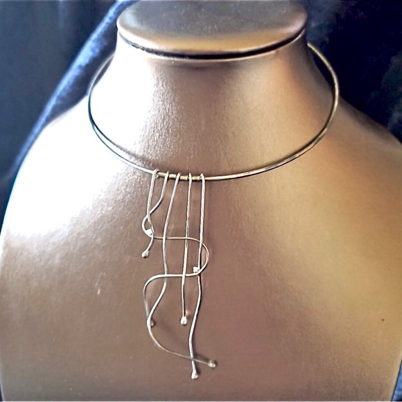 Antique Art Deco Sterling Silver Artisan Signed Collar Cuff Choker Drop Necklace - Picture 2 of 15